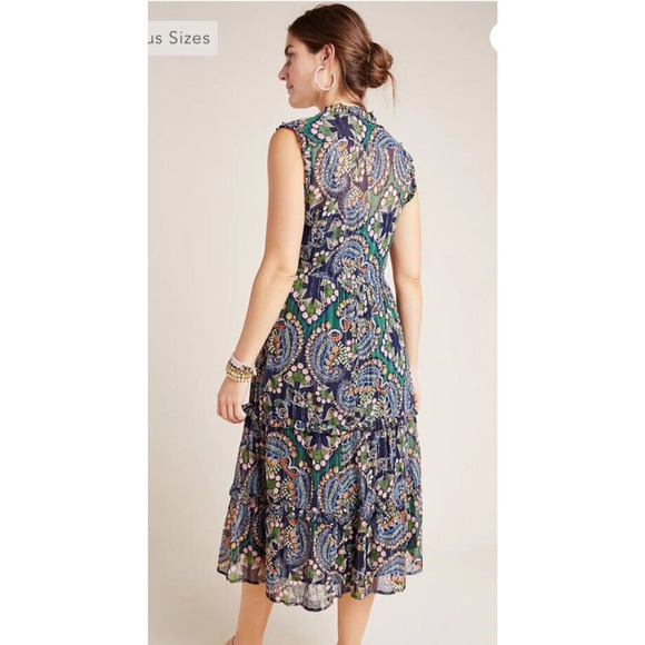 Anthropologie Size 0 Dress Elmira Ruffled MIDI Drawstring Waist Paisley Navy - Picture 3 of 13